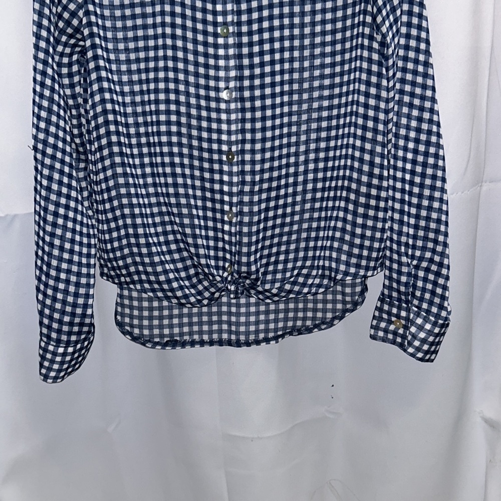 41- About A Girl Checkered Blue & White Buffalo Plaid LS Sheer Top Medium - Picture 4 of 10